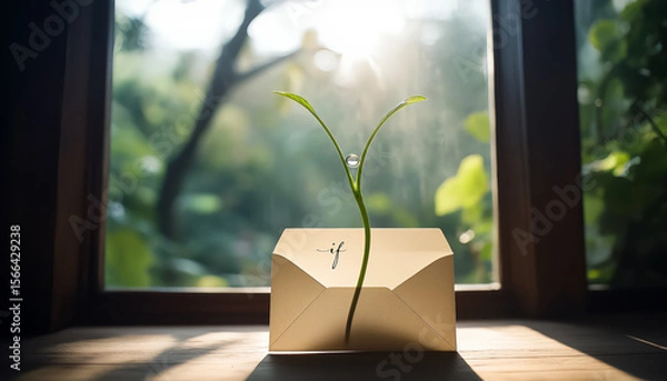 Fototapeta Green sprout emerging from an envelope by the window's light