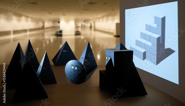 Fototapeta Exploring shapes and shadows in a modern art studio at dusk