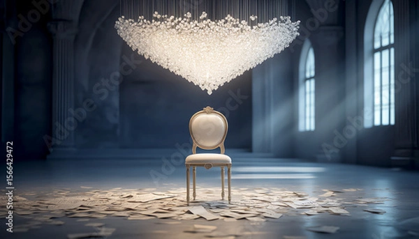 Fototapeta Elegant chair below a stunning chandelier in a dimly lit space