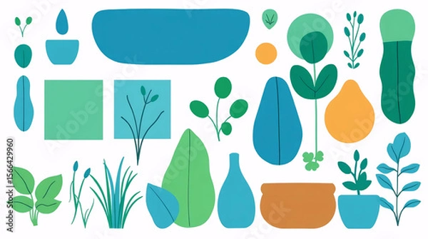 Obraz flat illustration of houseplants and decorative vases with green leaves in minimal style and eco-friendly nature theme