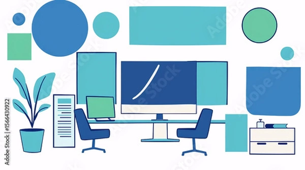 Obraz modern flat illustration of workspace interior with desk, computer, and creative digital office design in minimal style