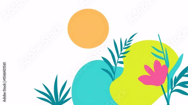 Obraz minimal flat illustration of tropical leaves and orange sun with green nature concept and smooth abstract background