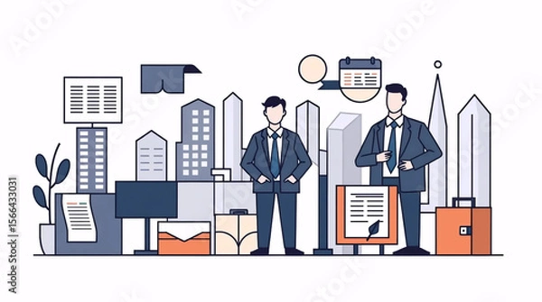 Obraz flat illustration of business people in formal suits with modern cityscape background and corporate teamwork concept