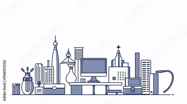 Obraz creative black and white line art of modern digital workspace with desktop computer, bookshelves, and minimal design