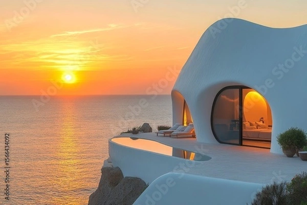 Fototapeta Exterior of a modern luxury minimalist white villa, positioned on a cliff by the sea at sunset, with round curved shapes, Generative AI
