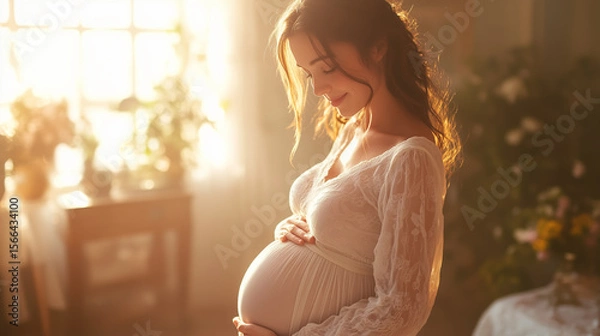 Fototapeta Expecting joy and love in a sunlit room filled with flowers and warmth during the morning hours of pregnancy