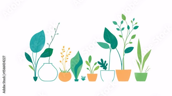 Obraz minimal flat illustration of indoor houseplants and green foliage in modern pots with nature and eco-friendly concept