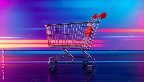 Fototapeta Empty shopping cart on a vibrant, blurred background, suggesting speed and modern shopping experience.