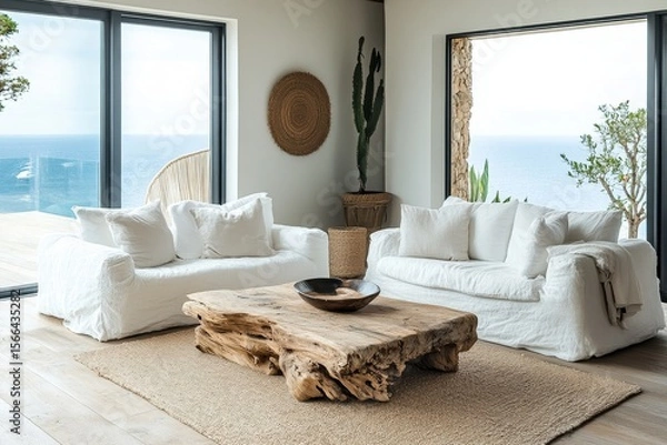 Fototapeta Rustic root coffee table positioned near a white sofa and armchair, set against a Mediterranean-style home interior design for a modern living room with a sea view, Generative AI
