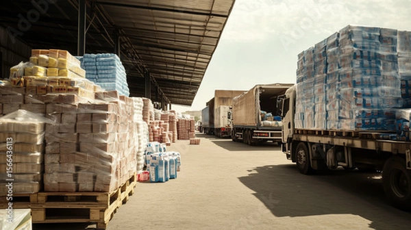 Fototapeta Warehouse logistics in action with trucks loading and unloading goods during daytime in a busy distribution center
