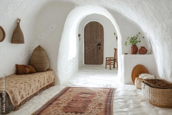 Fototapeta White stucco walls with an arched doorway in a farmhouse hallway. Rustic style interior design of a boho entrance hall in a country house, Generative AI