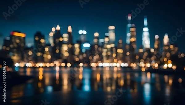 Fototapeta New york city skyline at night blurred bokeh lights reflecting in water background image