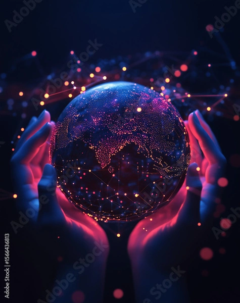 Obraz Hands Holding a Luminous Digital Globe, 빛나는 디지털 지구본을 들고 있는 손