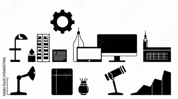 Obraz digital business setup with office devices, computer, and gear symbol in minimal vector art