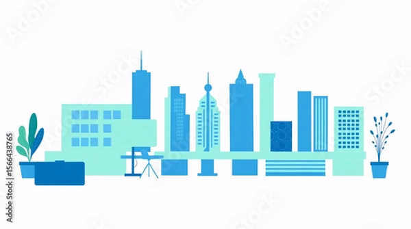 Obraz futuristic blue and green city skyline with high-rise buildings and digital business concept