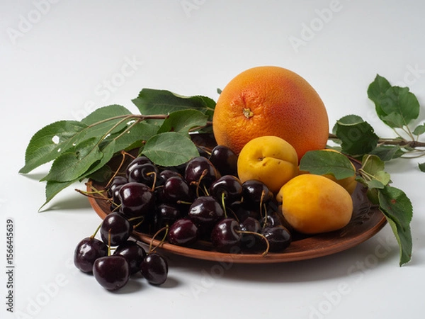 Fototapeta Sweet cherries with apricots isolated on white background cutout. Ripe berries closeup. Mix berries and fruits.