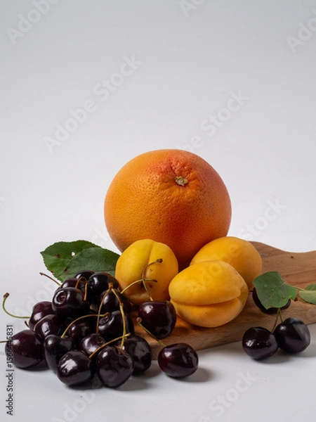 Fototapeta Sweet cherries with apricots isolated on white background cutout. Ripe berries closeup. Mix berries and fruits.