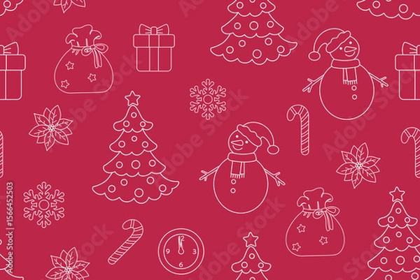 Fototapeta Christmas theme  isolated  on viva magenta background. White outline drawing. Seamless pattern under clipping mask, convenient for editing. Background for paper, textile, gift wrap.