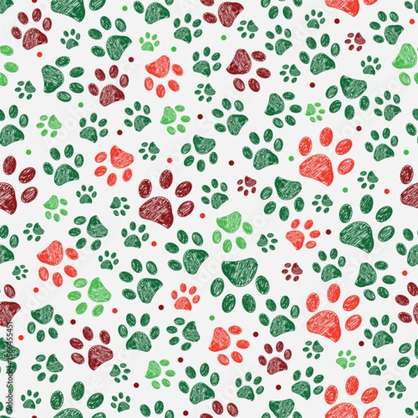 Fototapeta Green, red colored Christmas design doodle paw prints. Seamless fabric design pattern
