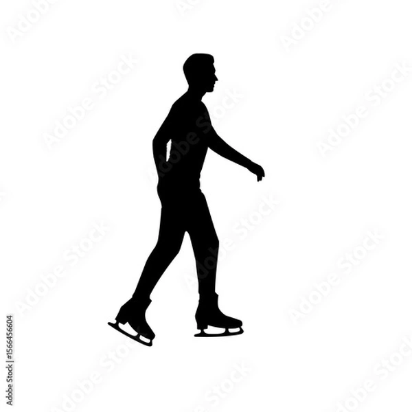 Fototapeta Silhouette of a man figure skating, isolated on white background. Dynamic winter sports concept in black and white vector illustration