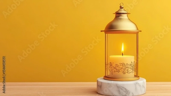 Obraz Elegant Lantern with Candle on Marble Base Against Yellow Background
