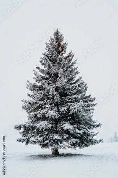 Fototapeta Snowy pine stands majestic, its winter coat gleaming, peaceful winter scene