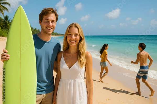 Fototapeta Friends enjoying a sunny beach day with surfing and walking along the shoreline in a tropical paradise Generative AI