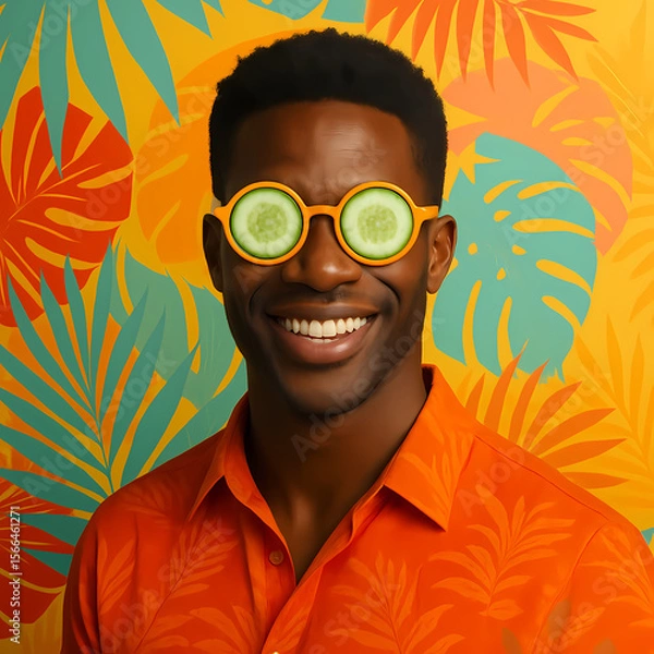 Fototapeta Joyful man in orange shirt wearing cucumber glasses poses against a vibrant tropical backdrop in a bright, cheerful setting Generative AI