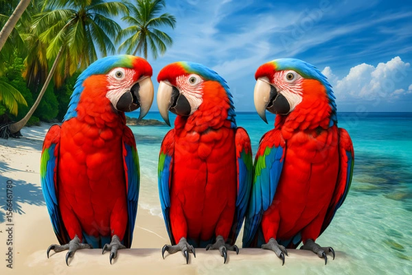 Fototapeta Colorful macaws on a tropical beach with palm trees and clear blue water during a sunny day Generative AI