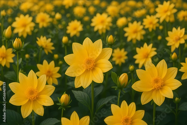 Fototapeta Vibrant yellow flowers bloom in a lush field during spring, creating a picturesque landscape of natural beauty Generative AI