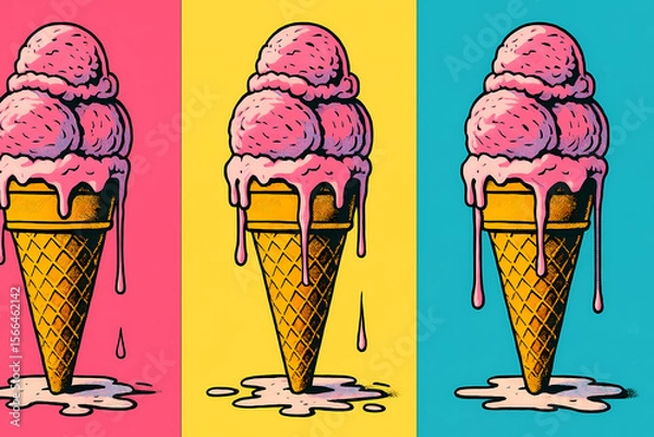Fototapeta Colorful ice cream cones with melting scoops against vibrant backgrounds create a playful summer vibe in this artistic composition Generative AI