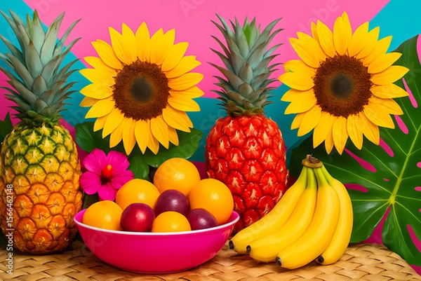 Fototapeta Colorful arrangement of tropical fruits and sunflowers against a vibrant background at a summer gathering Generative AI