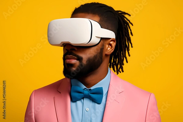 Fototapeta Young man wearing virtual reality headset in colorful outfit against bright yellow backdrop Generative AI