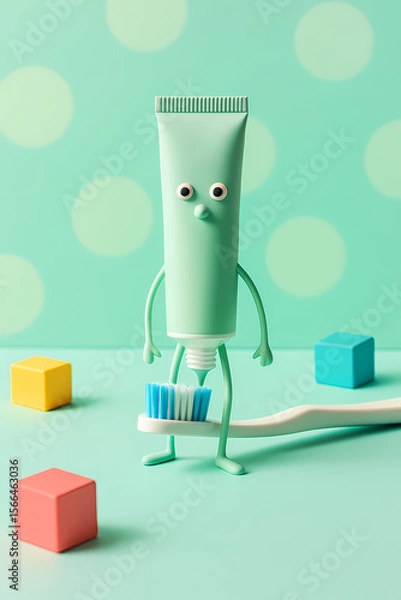 Fototapeta Creative toothpaste character holding a toothbrush surrounded by colorful blocks in a playful setting Generative AI