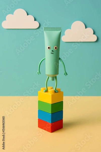 Fototapeta Creative toy figure balancing on colorful building blocks with a playful background design during a bright indoor setting Generative AI