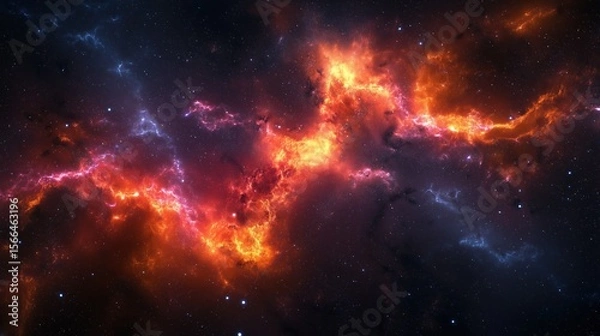 Fototapeta Vibrant red orange blue cosmic nebula with shining stars across deep dark space