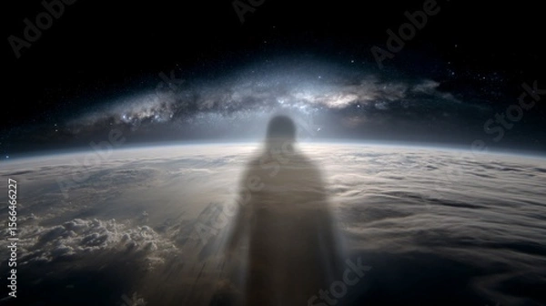 Fototapeta A time-lapse of Earth from space with a fading human silhouette, symbolizing a historic cosmic moment.