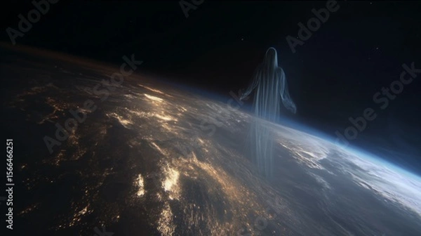 Fototapeta A time-lapse of Earth from space with a fading human silhouette, symbolizing a historic cosmic moment.
