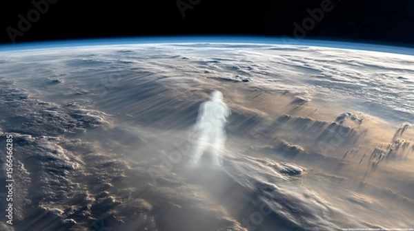 Fototapeta A time-lapse of Earth from space with a fading human silhouette, symbolizing a historic cosmic moment.