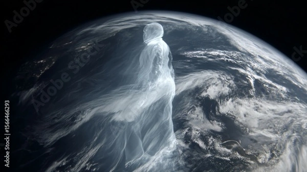 Fototapeta A time-lapse of Earth from space with a fading human silhouette, symbolizing a historic cosmic moment.
