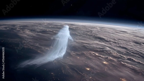 Fototapeta A time-lapse of Earth from space with a fading human silhouette, symbolizing a historic cosmic moment.