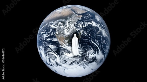Fototapeta A time-lapse of Earth from space with a fading human silhouette, symbolizing a historic cosmic moment.