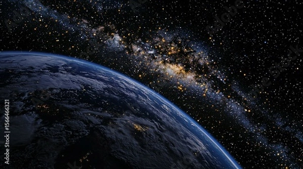 Fototapeta A time-lapse of Earth from space with a fading human silhouette, symbolizing a historic cosmic moment.