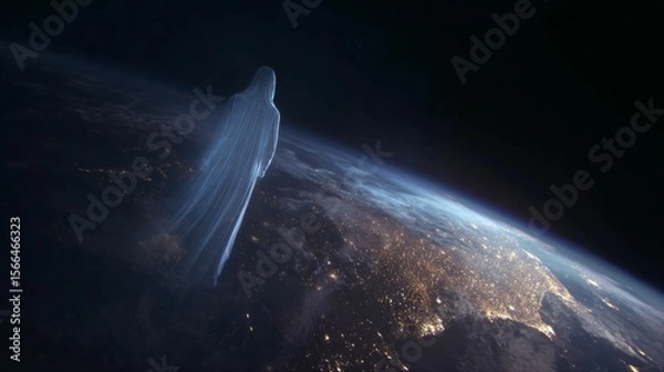 Fototapeta A time-lapse of Earth from space with a fading human silhouette, symbolizing a historic cosmic moment.