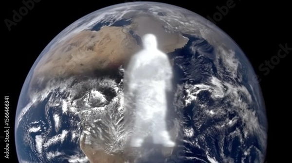 Fototapeta A time-lapse of Earth from space with a fading human silhouette, symbolizing a historic cosmic moment.