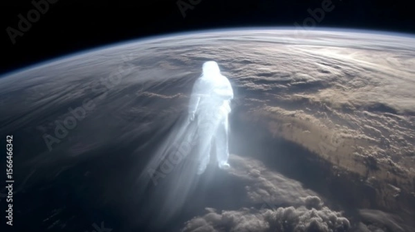 Fototapeta A time-lapse of Earth from space with a fading human silhouette, symbolizing a historic cosmic moment.