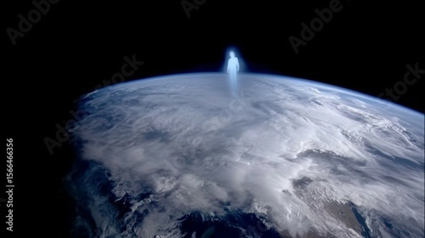 Fototapeta A time-lapse of Earth from space with a fading human silhouette, symbolizing a historic cosmic moment.