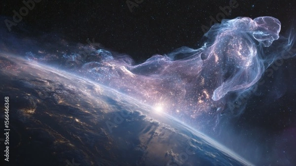 Fototapeta A time-lapse of Earth from space with a fading human silhouette, symbolizing a historic cosmic moment.