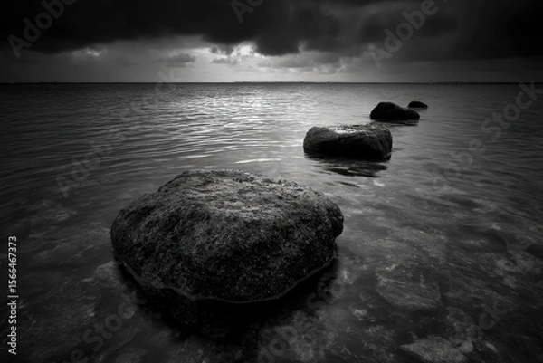 Obraz A black and white photo of rocks in the ocean under a cloudy sky