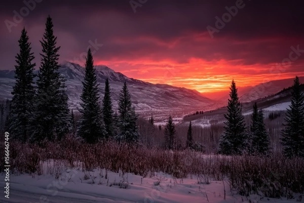Obraz A red sunset over a snowy landscape with trees in the foreground